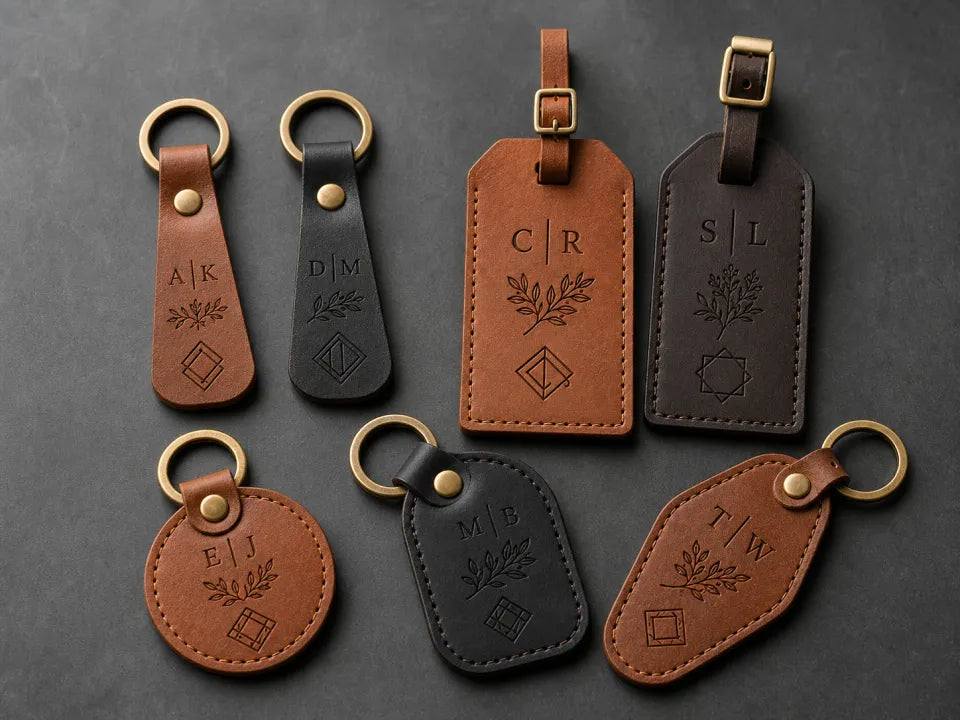 AI-assisted visualization of finished engraved leather keychains and luggage tags