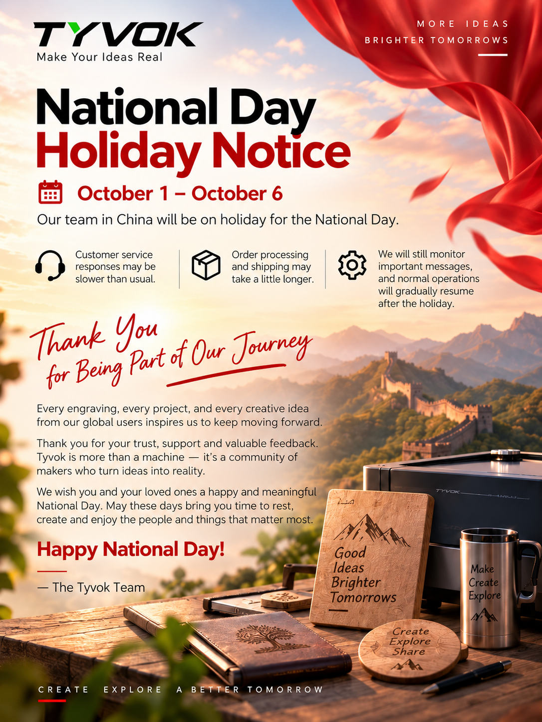 TYVOK National Day Holiday Notice, October 1–6, 2026