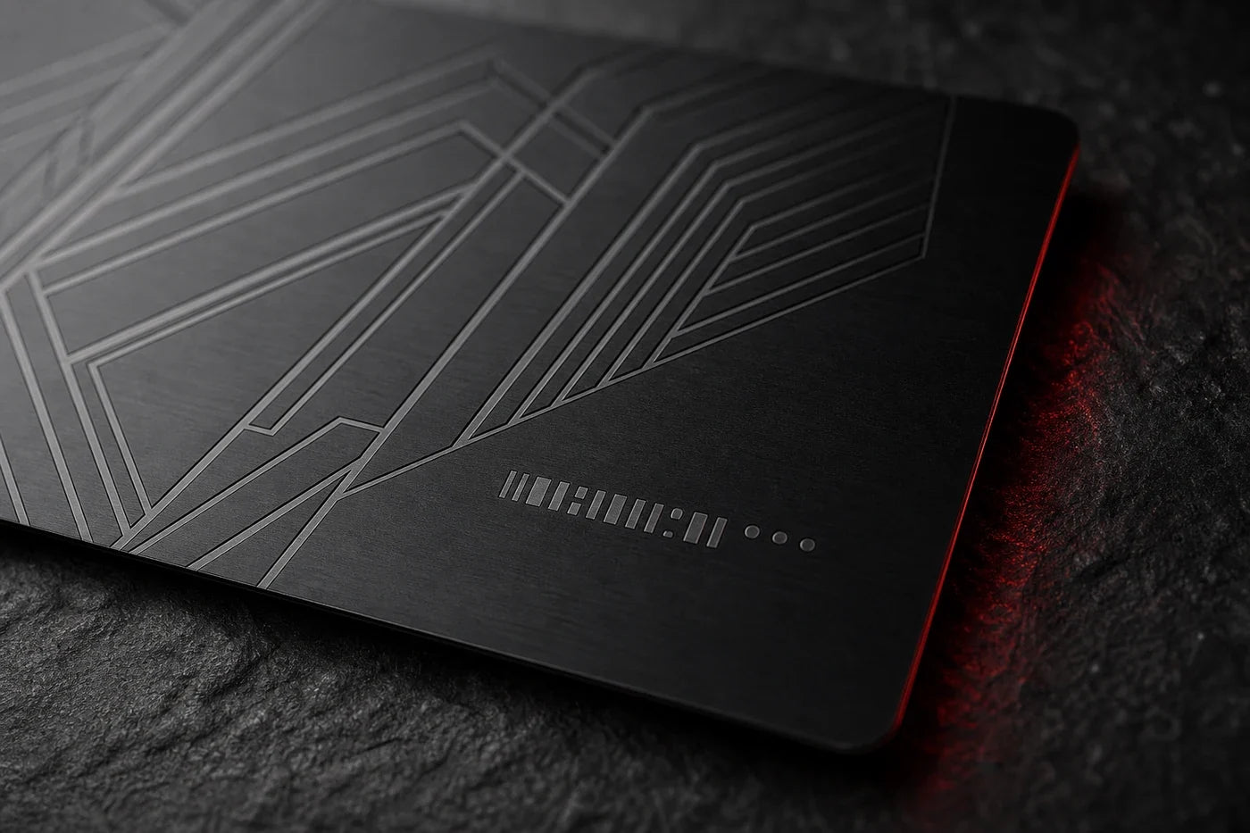 AI concept of a close-up geometric engraving on a black metal card
