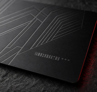 AI concept of a close-up geometric engraving on a black metal card