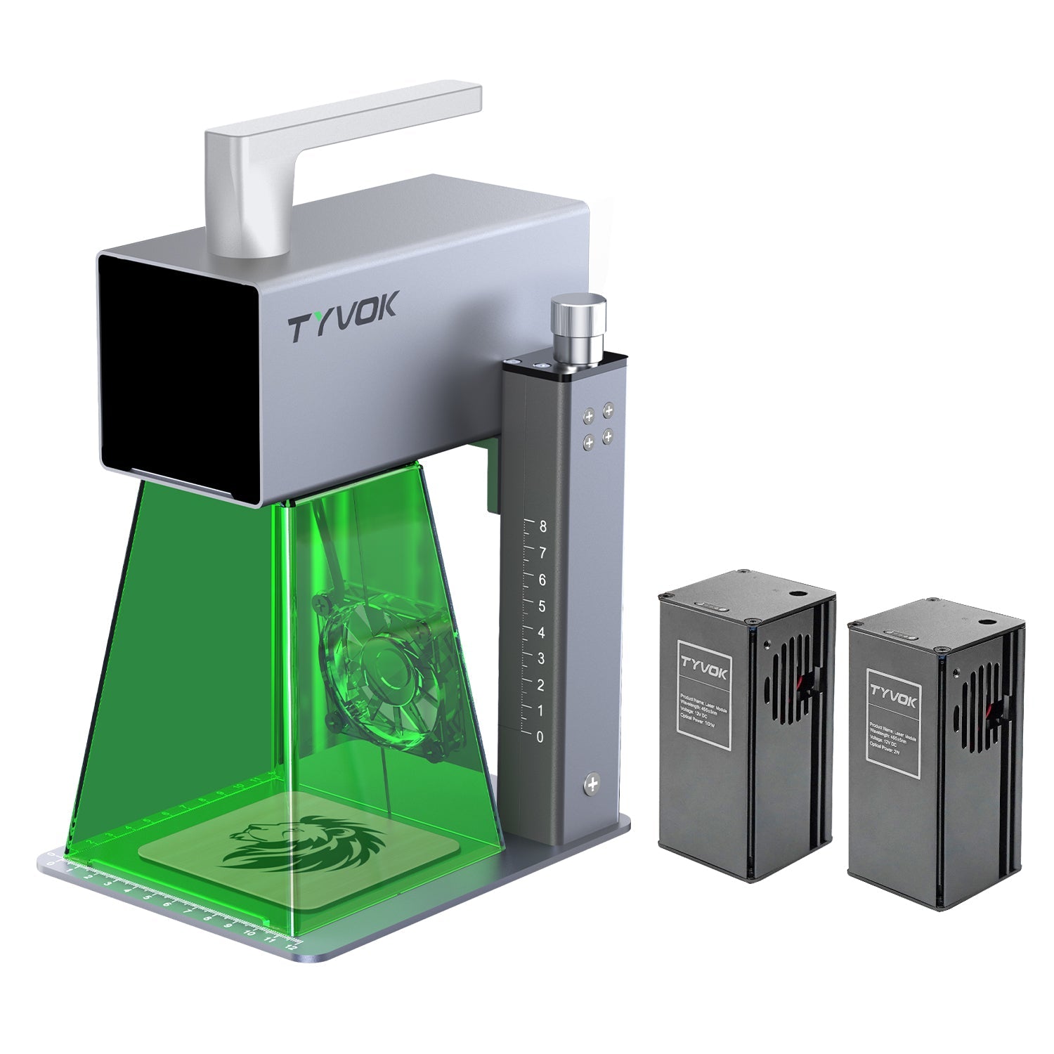 TYVOK P2 laser engraver with its stand and interchangeable heads