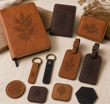 Premium engraved leather notebook luggage tags keychains and patches