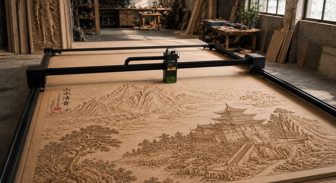 Complete X1S frame working across a broad engraved wood panel