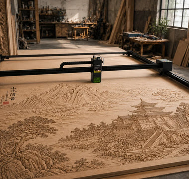 Complete X1S frame working across a broad engraved wood panel