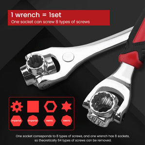 Universal Socket Wrench 8-in-1 Multi-Function 52-in-1 Hex & Spline 360° Rotating Dog Bone Spanner