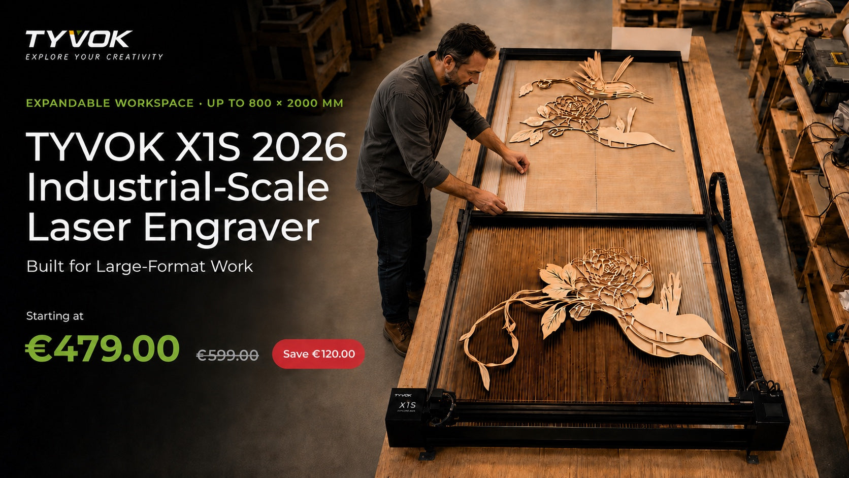 TYVOK X1S 2026 large-format laser engraver Europe homepage banner