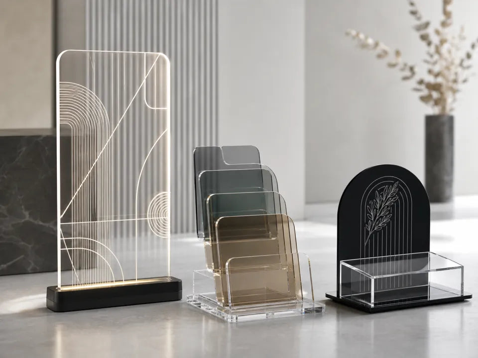 AI-assisted visualization of finished laser-cut acrylic displays for a TYVOK K1 workflow