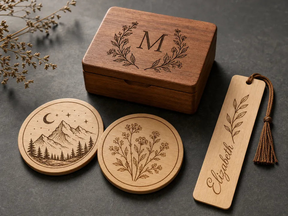 AI-assisted visualization of finished personalized wood gifts with visible laser engraving