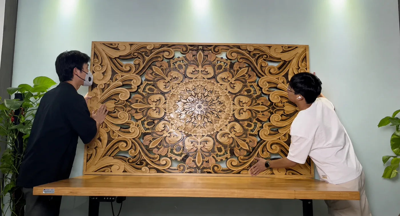 Large finished layered wood panel shown at human scale for a TYVOK X1S workflow