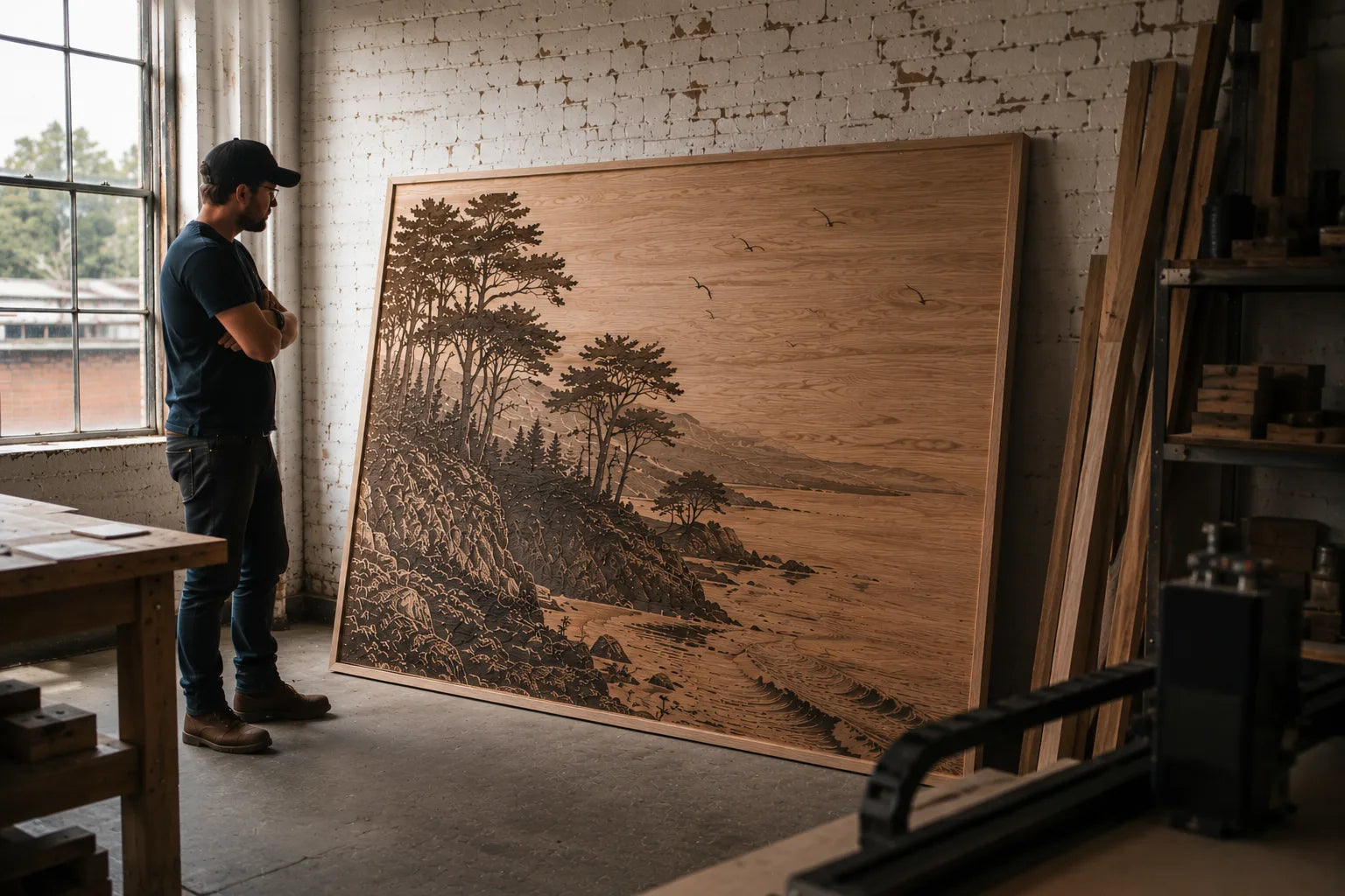 Large finished wood panel made with a TYVOK X1S shown at human scale