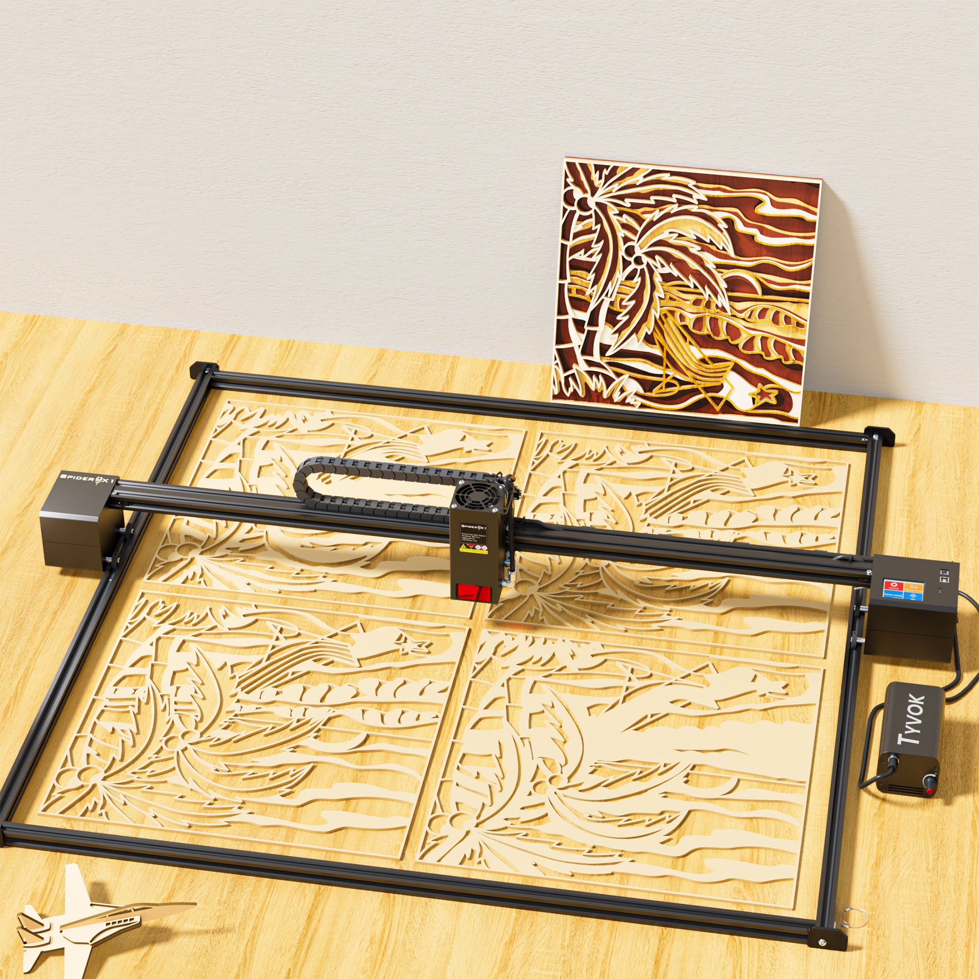 X1S complete frame with layered wood artwork on a desktop setup