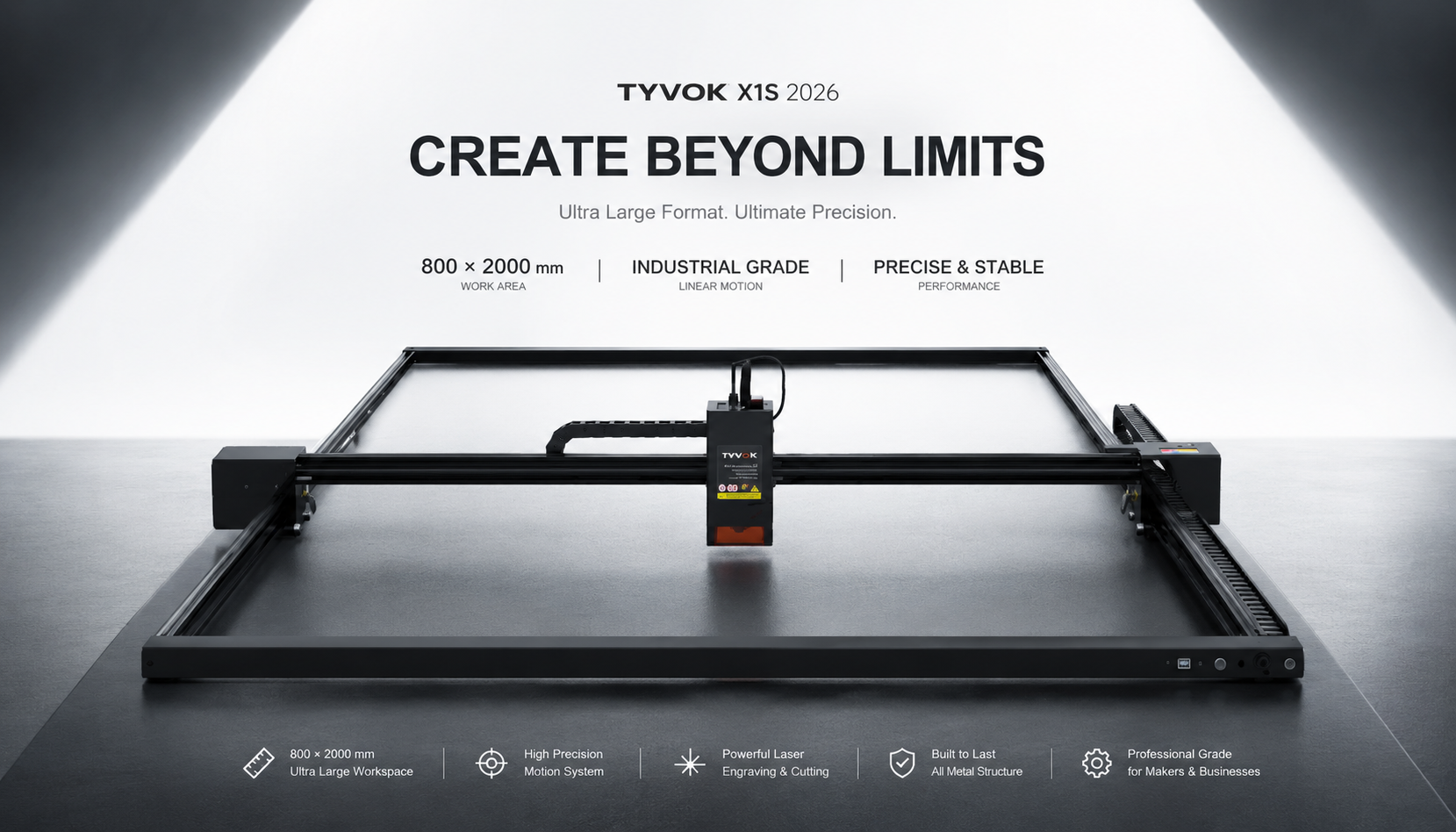 TYVOK X1S 2026 complete frame with 800 x 2000 mm workspace, precision, power, and stable workflow callouts